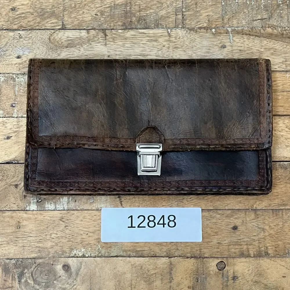 Vintage Genuine Leather Wallet Metal Clasp Closure & Hidden Pocket Tooled